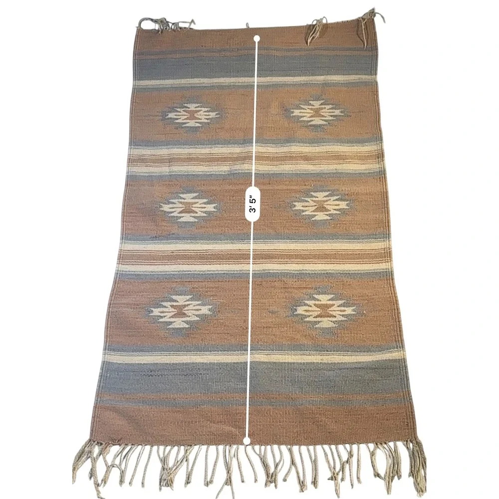 Southwestern Handwoven Wool Rug Tapestry Geometric Diamond Terracotta Blue 24x41
